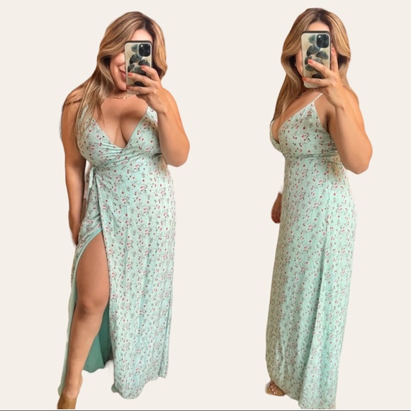 Revolve LPA | 100% Silk Floral Mint Wrap Maxi Dress Size: Medium - Picture 2 of 9